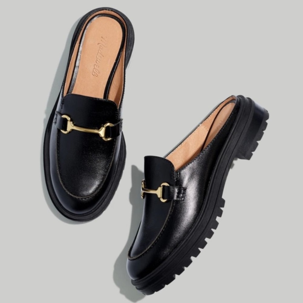 Madewell The Bradley Hardware Lugsole Leather Loafer Mule Preppy Black Sz 7 NWOB